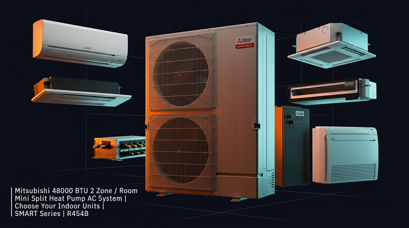 Mitsubishi 48000 BTU 2 Zone / Room Mini Split Heat Pump AC System ...
