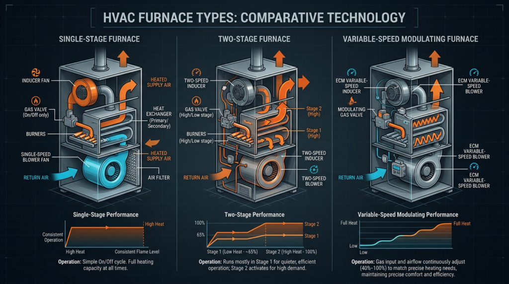 Diagram: Gas Furnace Types: Single-Stage, Two-Stage, and Variable Speed
