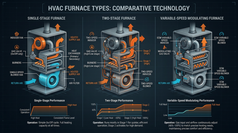 Diagram: Gas Furnace Types: Single-Stage, Two-Stage, and Variable Speed