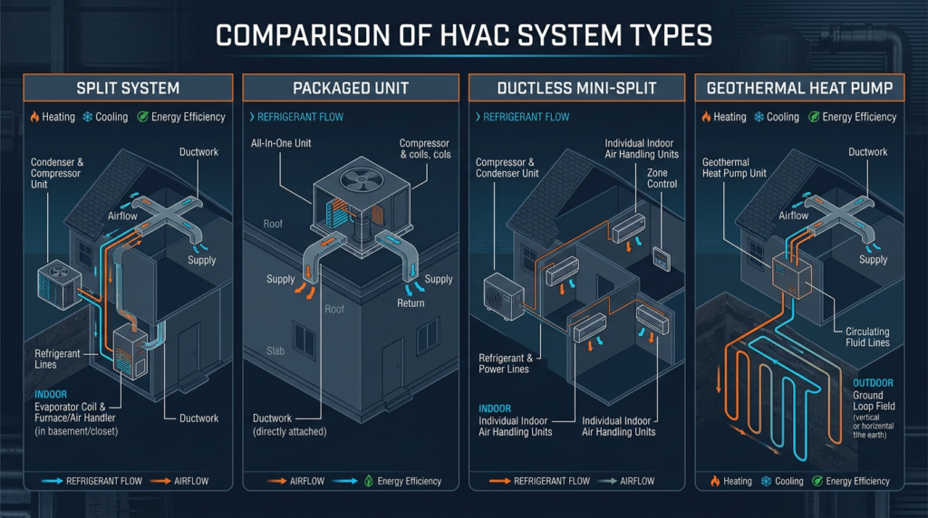 Diagram: HVAC System Types: Split, Packaged, Mini-Split, and Geothermal