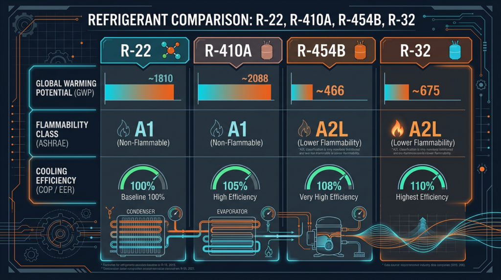 Diagram: Refrigerant Types: R-22, R-410A, R-454B, R-32 Compared