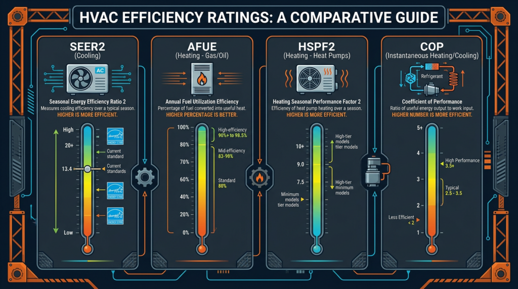 Diagram: Understanding HVAC Efficiency Ratings: SEER2, AFUE, HSPF2, COP