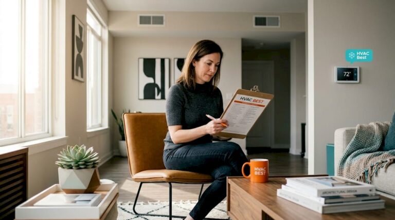 Homeowner reviews HVAC checklist in living room