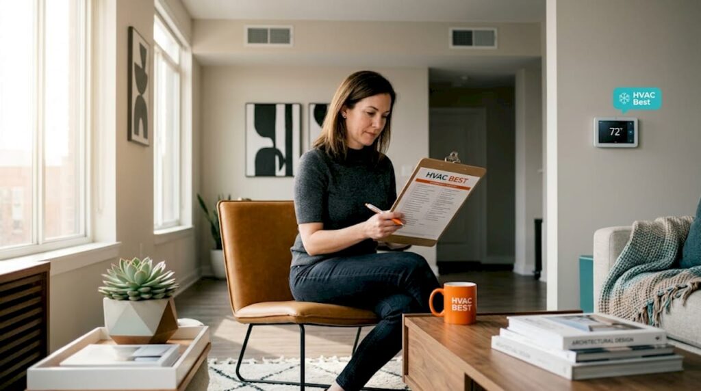 Homeowner reviews HVAC checklist in living room