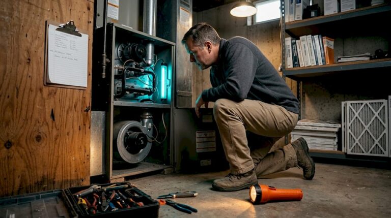 Homeowner checking UV light in HVAC furnace