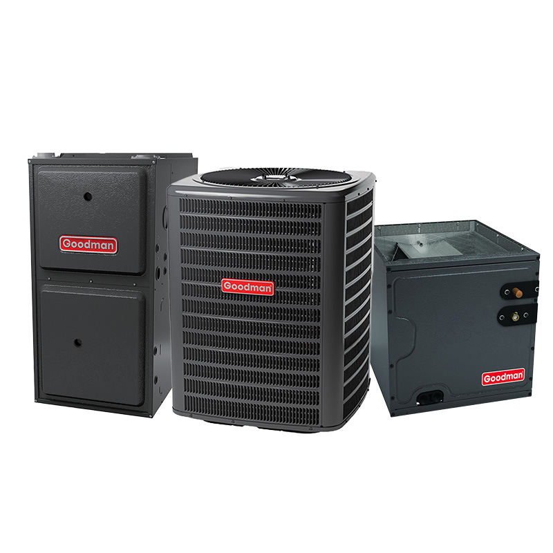 Goodman 3 Ton Dual Fuel Hybrid Heat Pump System – 100000 BTU California Low NOx Two Stage Gas Furnace, 80% AFUE, Upflow, 15.2 SEER2,  R32
